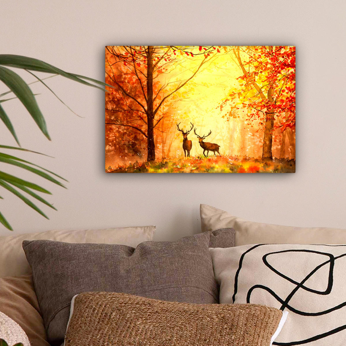 LEINWANDBILD Natur - Ölfarbe - Hirsche - Tiere - Herbst - Orange 30x20 cm - Orange, Textil (30/20cm) - MuchoWow