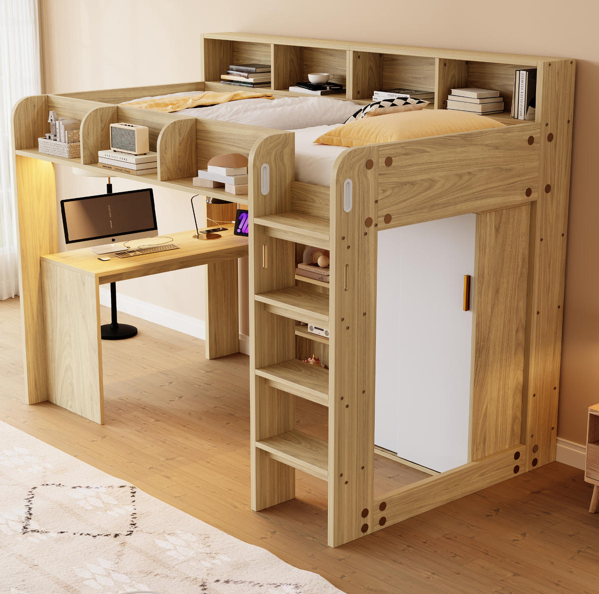 HOCHBETT 90/200 cm natur aus MDF mit Schreibtisch LED und Steckdose - Naturfarben, Holzwerkstoff (90/200cm) - OKWISH