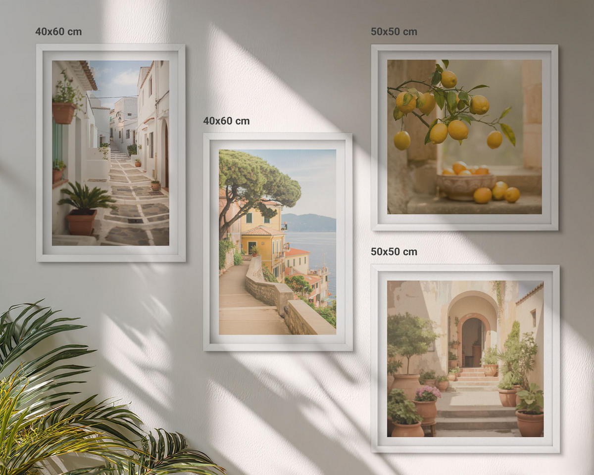 BILDER SET 4er Set - 50x50 cm & 40x60 cm Weißer Rahmen - Zitrusbaum im Fenster am Meer - Weiß, Kunststoff (50/50cm) - TULUP
