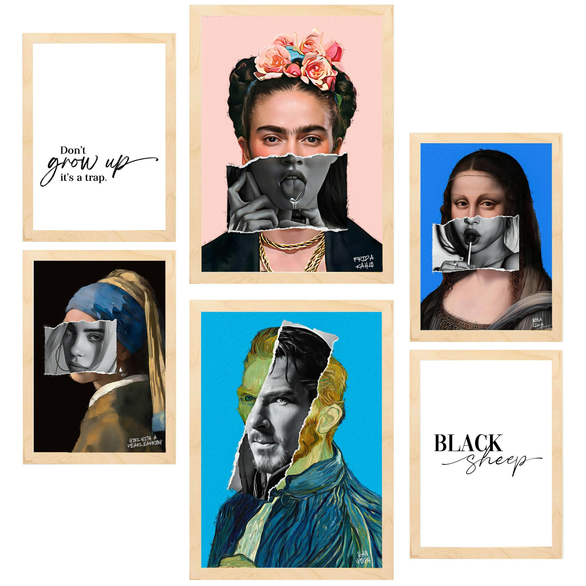 POSTER Set Mit 6 Ikonische Frida Van Gohg Collage Pop Art A3 & A4 Rahmen Aus Hellem Holz - Beige, Papier (29/3cm) - Nacnic