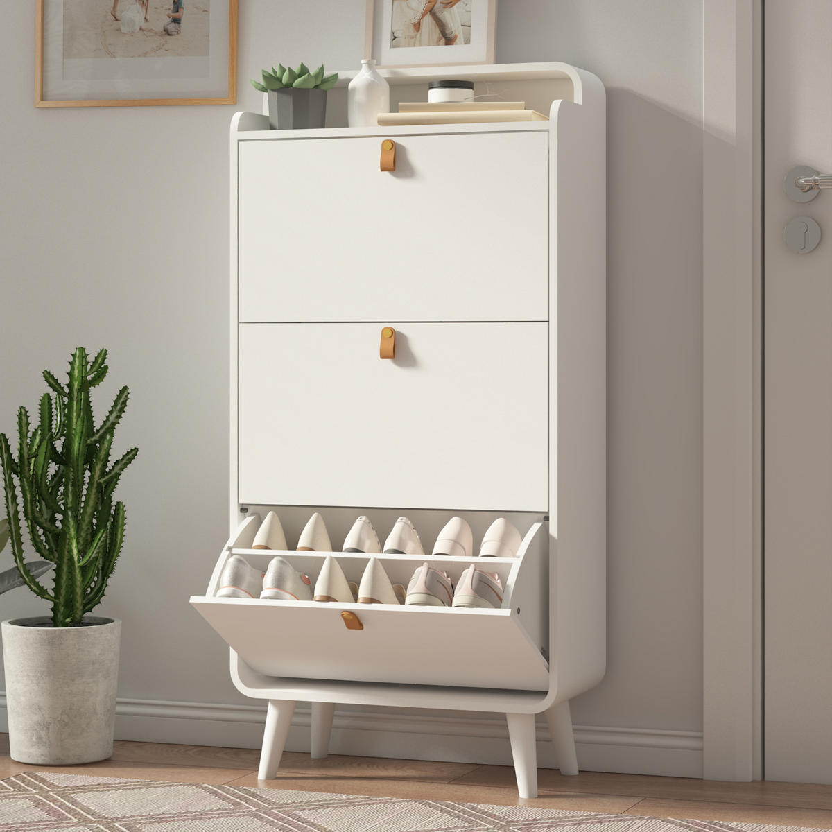 SCHUHSCHRANK 63/30/134 cm weiß aus MDF und Melamin mit 3 Klapptüren und oberem Ablagefach - Weiß, Holzwerkstoff (63/133.7/29.5cm) - OKWISH