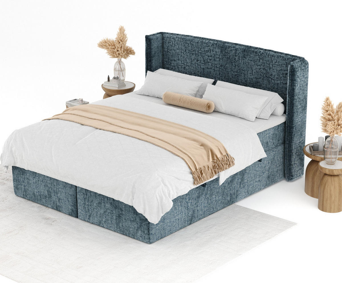 BOXBETT Skyline Blau Grau 200/200 cm mit Matratze und Topper - Blaugrau/Schwarz, Holz/Holzwerkstoff (200/200cm) - Maison de Reve