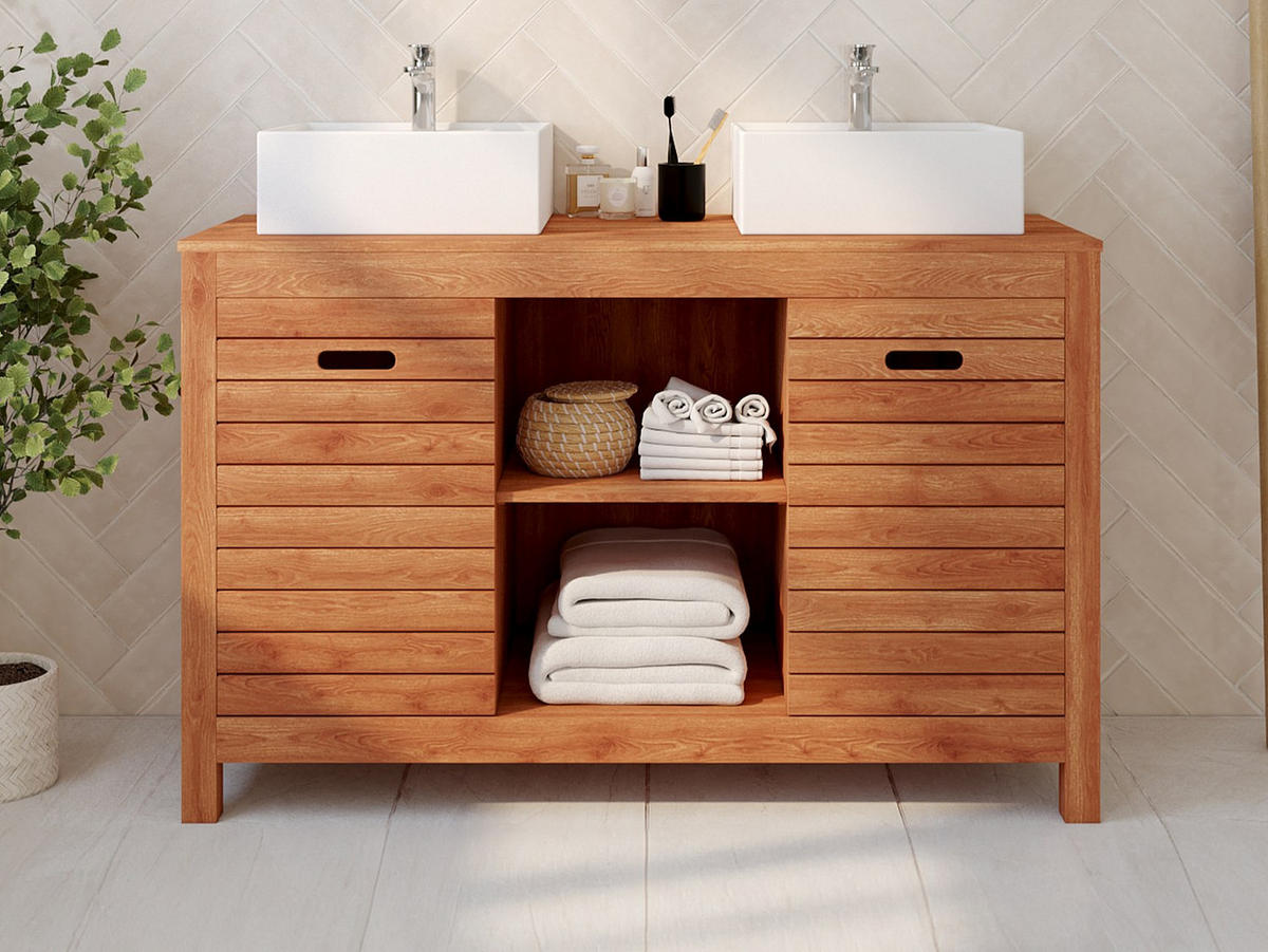 DOPPELWASCHTISCH - 130 cm x 50 cm - Keramik, Holz, Platte - Naturfarben Dunkel - PULUKAN - Naturfarben, Keramik/Holz (130/83/50cm) - Vente-Unique