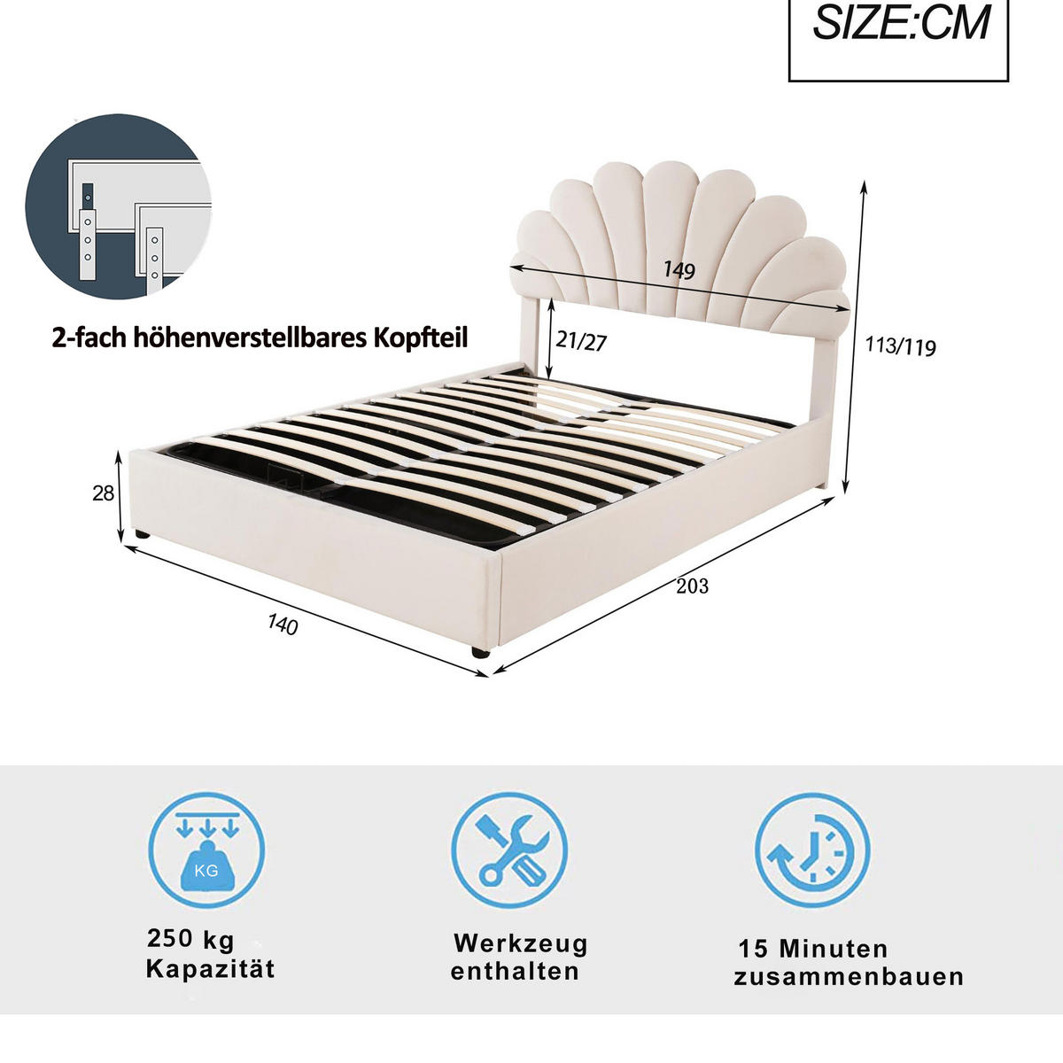 POLSTERBETT 140/200 cm beige aus Samt mit Stauraum und Lattenrost - Beige, Textil (140/200cm) - OKWISH