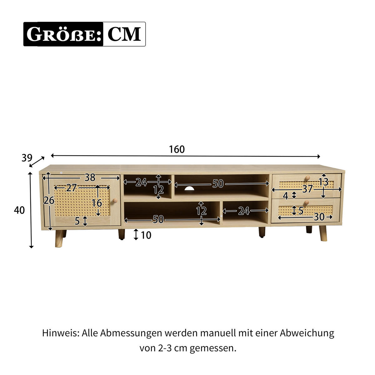 LOWBOARD 160/39/40.5 cm eichefarben aus Spanplatte mit Rattanfronten und Kabelführung - Naturfarben, Holzwerkstoff (39/40.5/160cm) - OKMYHOME