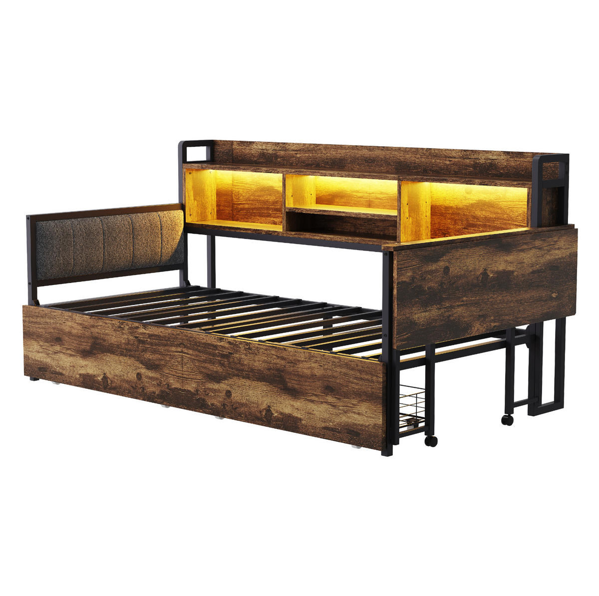 BETT 90/200 cm mit Schreibtisch, LED-Beleuchtung und Stauraum in Holzfarben - Naturfarben, Metall (90/200cm) - Flora Grace
