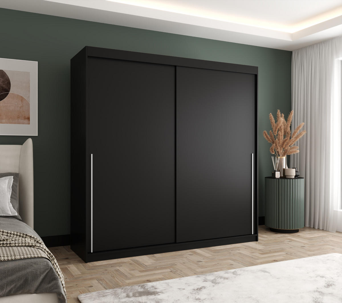 SCHIEBETÜRENSCHRANK 200 cm Breite, schwarz mit silbernem Griff - Silberfarben/Schwarz, Holzwerkstoff (200/200/62cm) - Home Collective