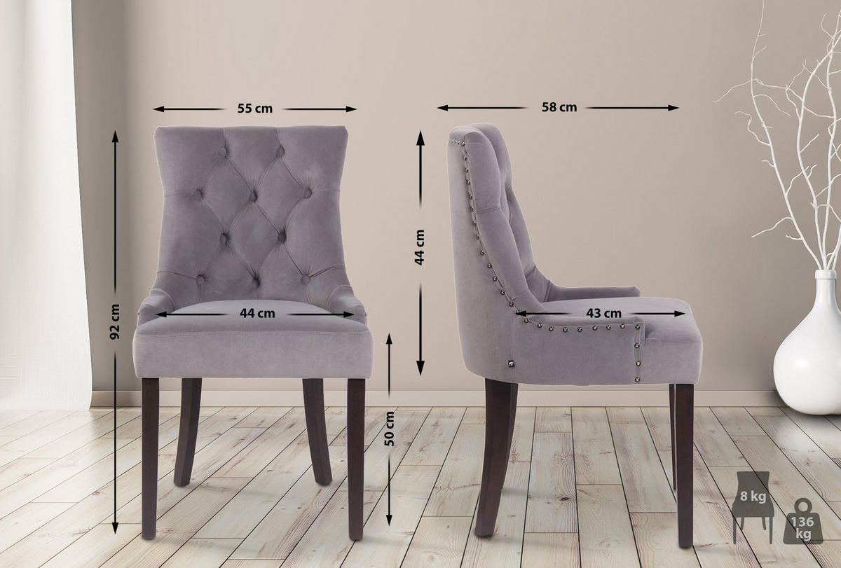 WOHNZIMMERSTUHL 4er Set Samt grau - Grau, Holz/Textil (55/92/58cm) - CLP