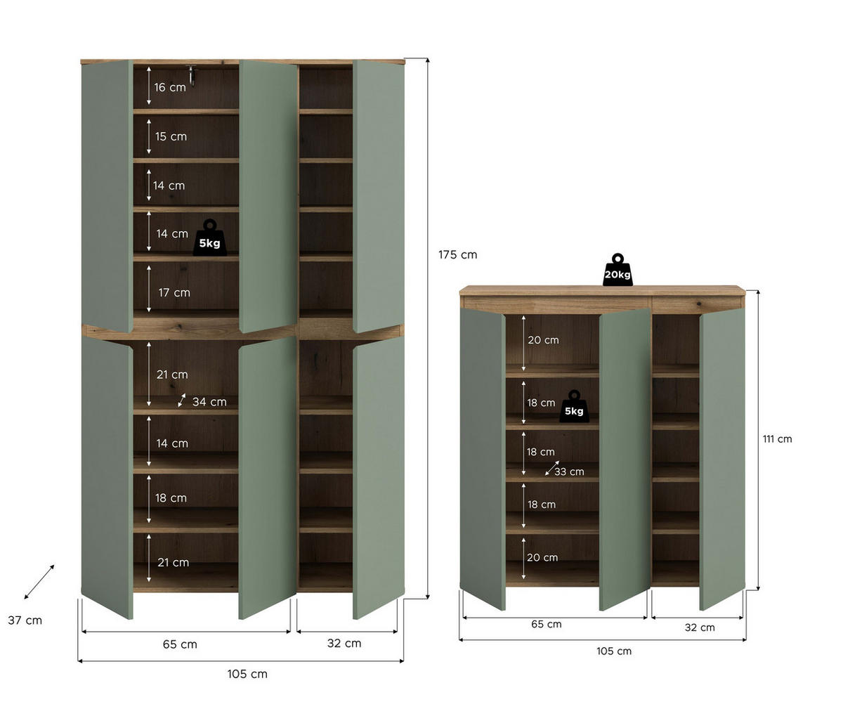 UNIVERSALSCHRANK SCARPA (B/H/T: ca. 235/175/37 cm) in Evoke Oak Nachbildung/Smoke Green - Eichefarben, Holzwerkstoff (235/175/37cm)