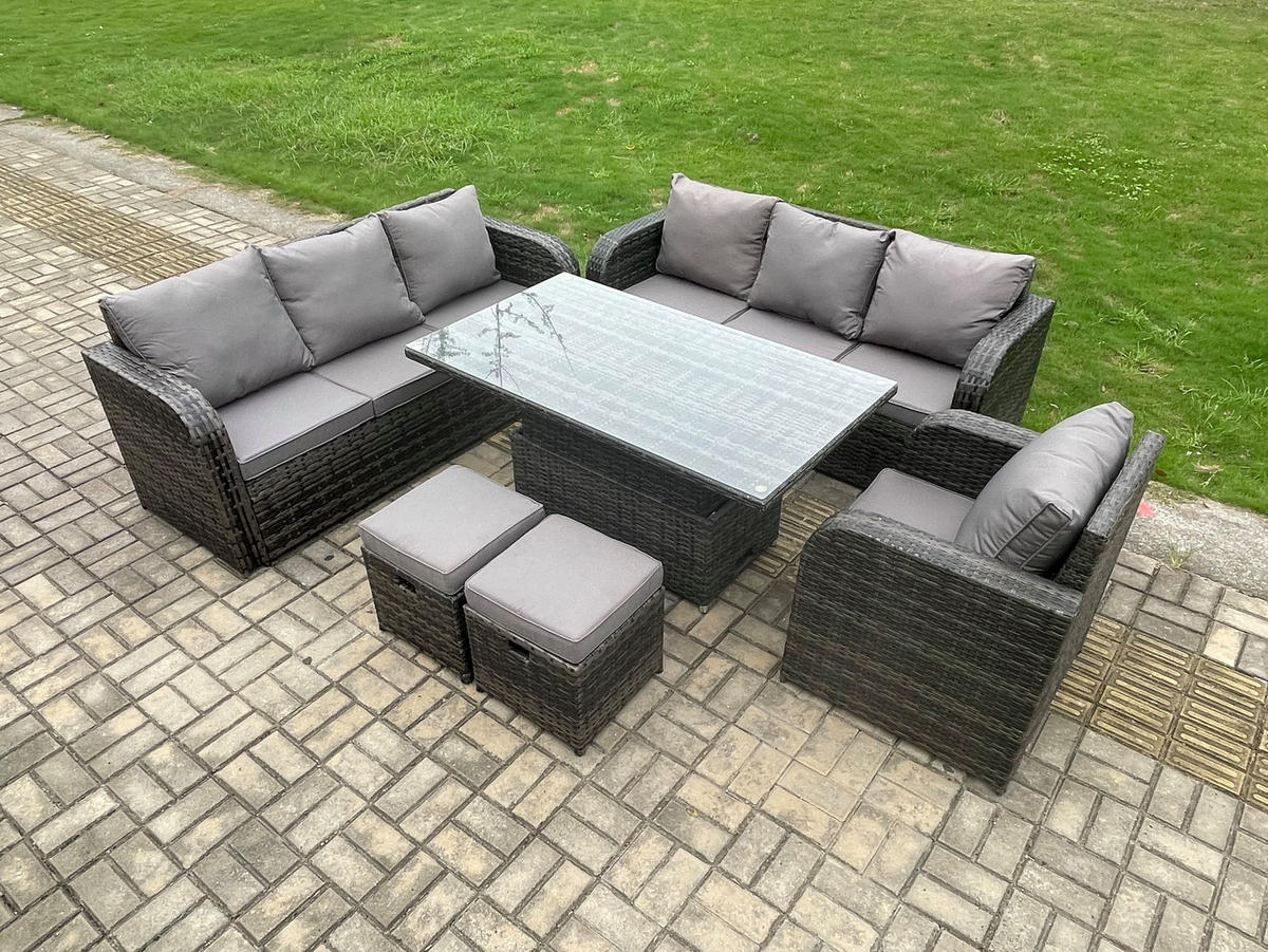 GARTENMÖBELSET mit Höhenverstellbarer Esstisch 9-Sitzer Grau - Dunkelgrau/Grau, Glas/Kunststoff - Fimous