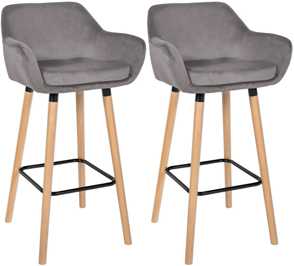 BARHOCKER 2er Set Samt Grau - Eukalyptusholzfarben/Grau, Holz/Textil (51/101/50cm) - CLP