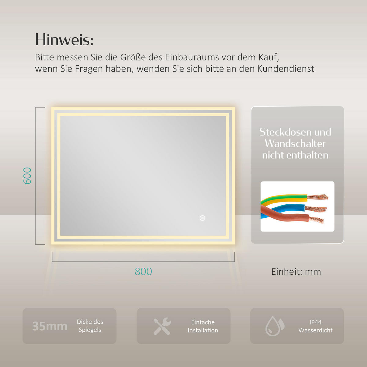 BADSPIEGEL mit Anti-Beschlag Beleuchtung 80/60/3,5 cm - Weiß, Glas (60/3.5/80cm) - EMKE