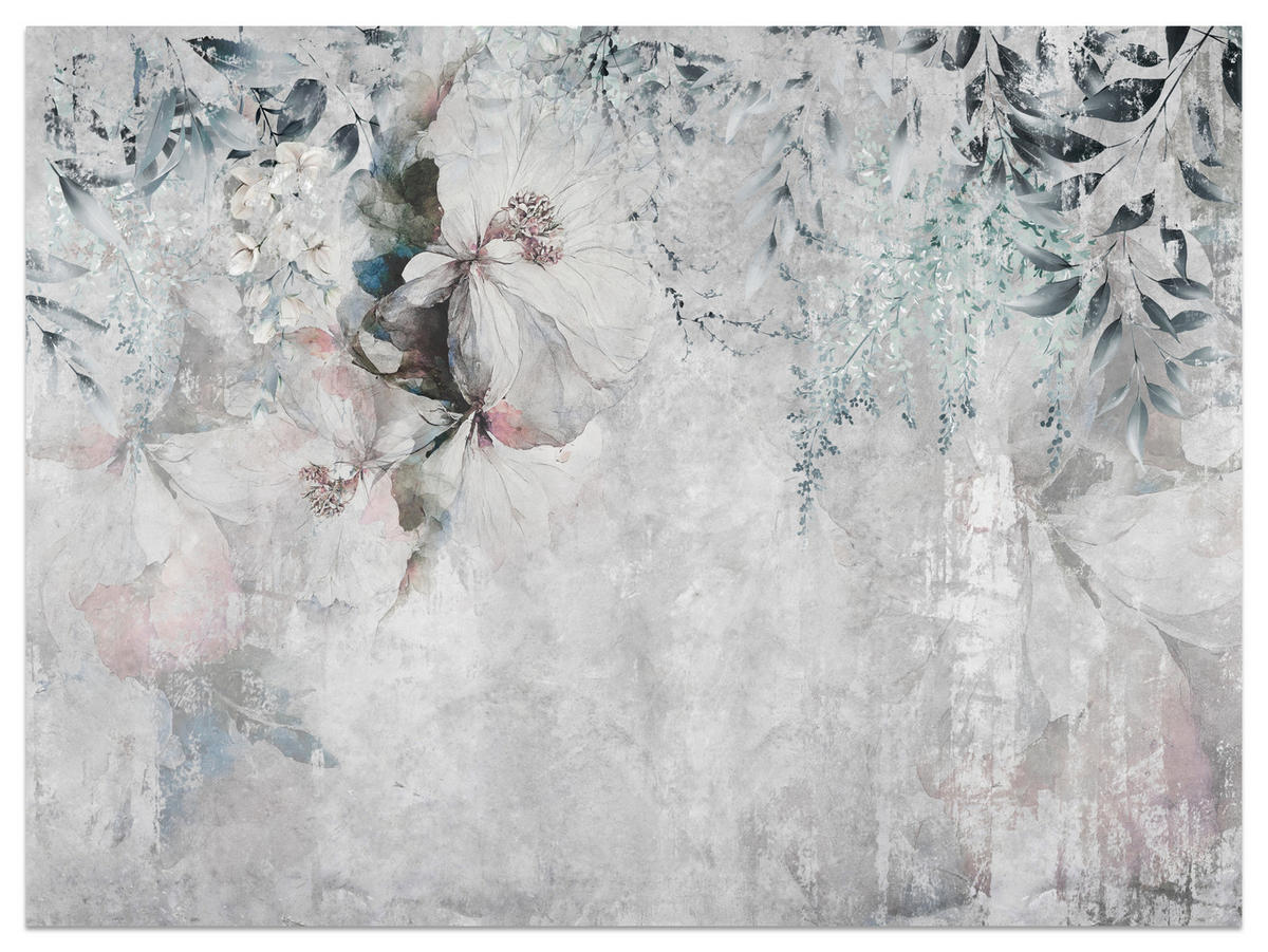 FOTOTAPETE für Schlafzimmer Zarte Blätter Beton Blumen Natur 350x256 - Schwarz/Rosa, Papier (350/256cm) - Muralo