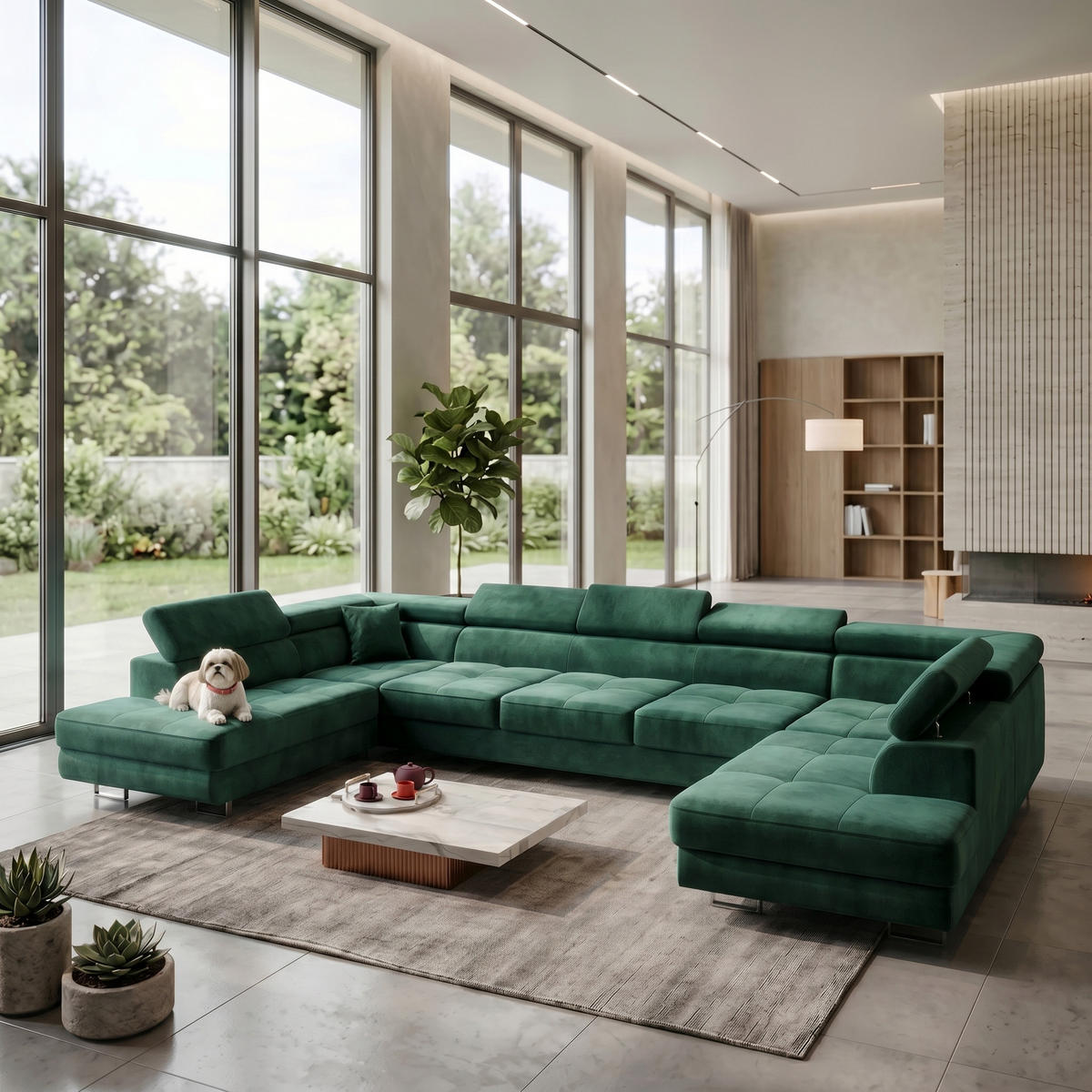 ECKSOFA U-Form WILD MAXI U2 mit Schlaffunktion 125x329 Velours Dunkelgrün - Chromfarben/Dunkelgrün, Holz/Textil (400/90/203cm) - Muffo
