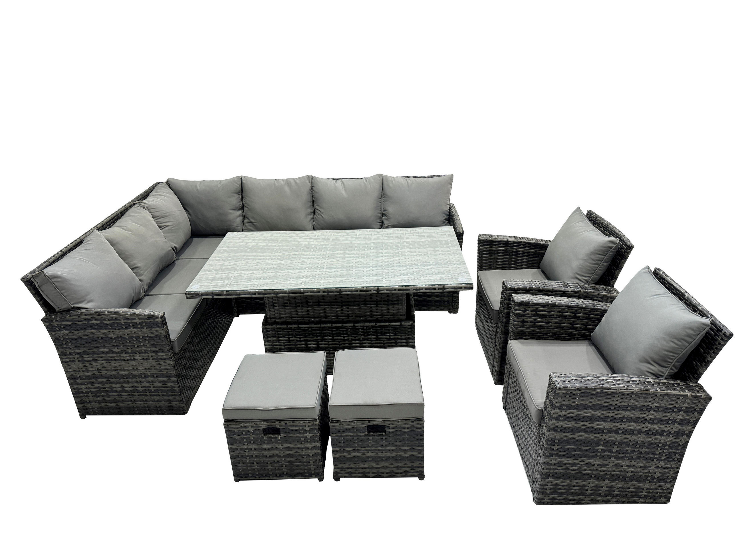 GARTENSET mit Höhenverstellbarer Tisch, Fußhocker, 2 Stühle Polyrattan Dunkelgrau 10-Sitzer - Dunkelgrau/Grau, Glas/Kunststoff - Fimous