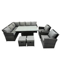 GARTENSET mit Höhenverstellbarer Tisch, Fußhocker, 2 Stühle Polyrattan Dunkelgrau 10-Sitzer - Dunkelgrau/Grau, Glas/Kunststoff - Fimous