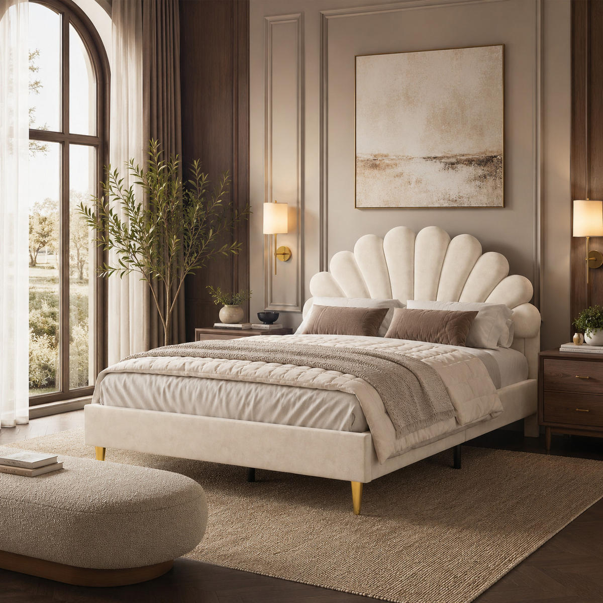 POLSTERBETT 140/200 Beige Muschelkopfteil Doppelbett Jugendbett - Beige, Holz/Metall (140/200cm) - Joyfair