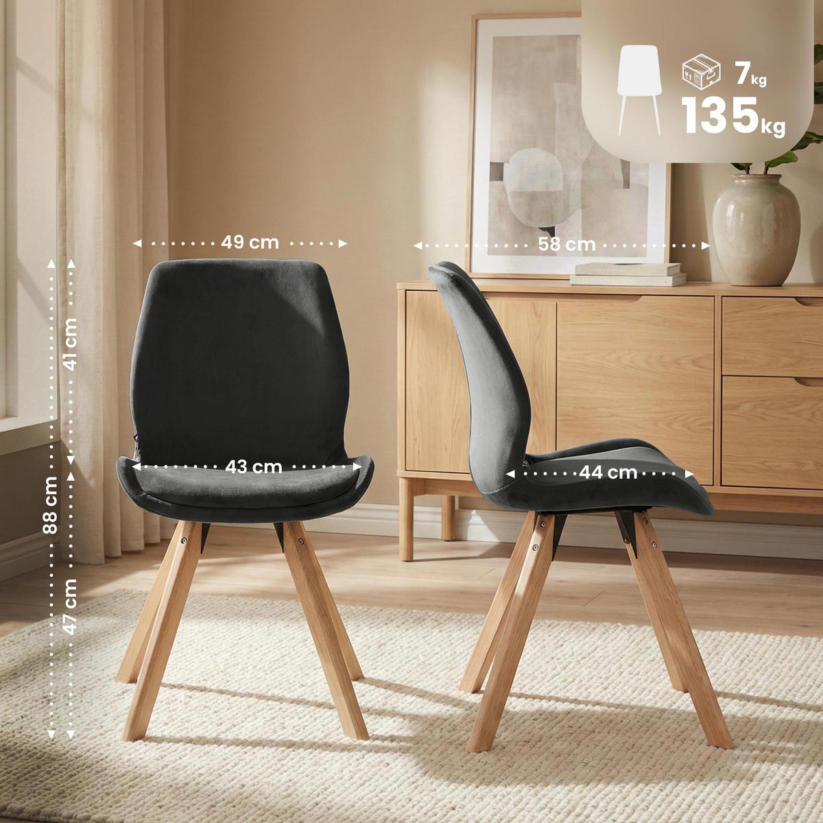 STUHL Samt Dunkelgrau - Eukalyptusholzfarben/Dunkelgrau, Holz/Textil (49/87/58cm) - CLP