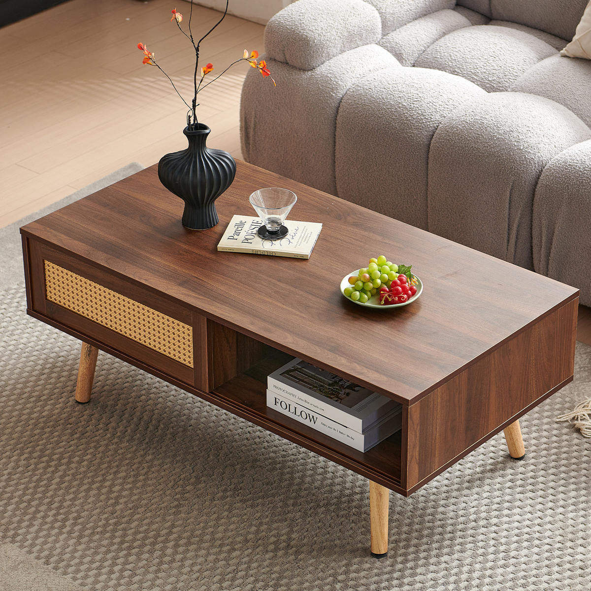 KONFERENČNÍ stolek z MDF a ratanu, 105/55/40 cm hnědý, s posuvnými dvířky - hnědá, kompozitní dřevo (105/55/40cm) - BEAOK