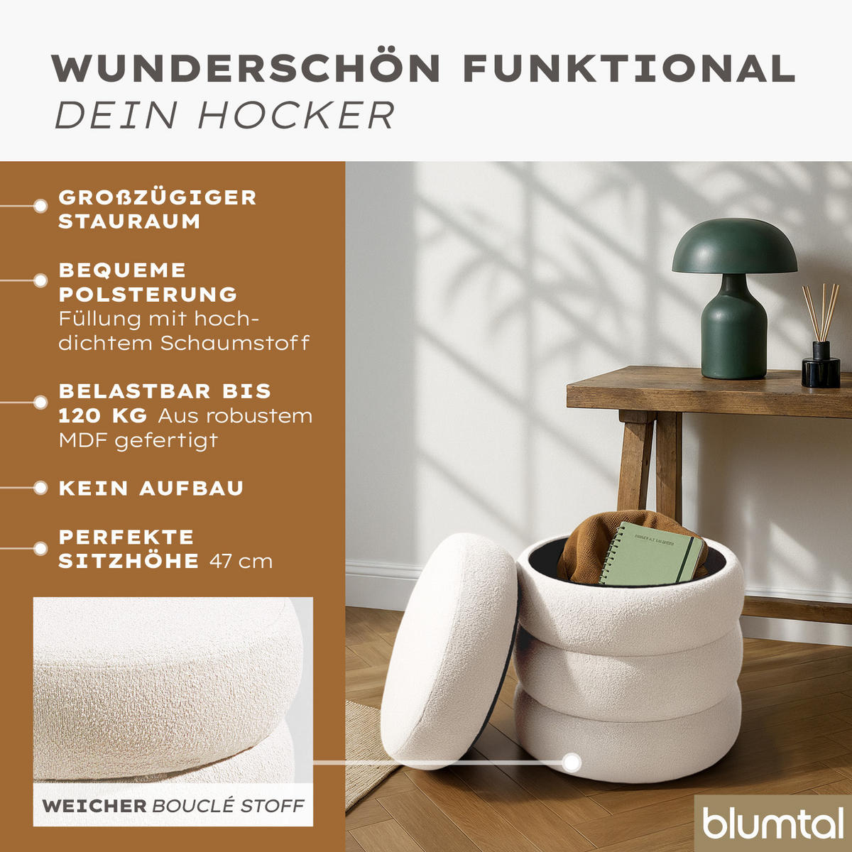 SITZHOCKER mit Stauraum Rund – Bouclé Pouf Creme (42x42x47 cm) - Beige, Textil (42/47/42cm) - Blumtal