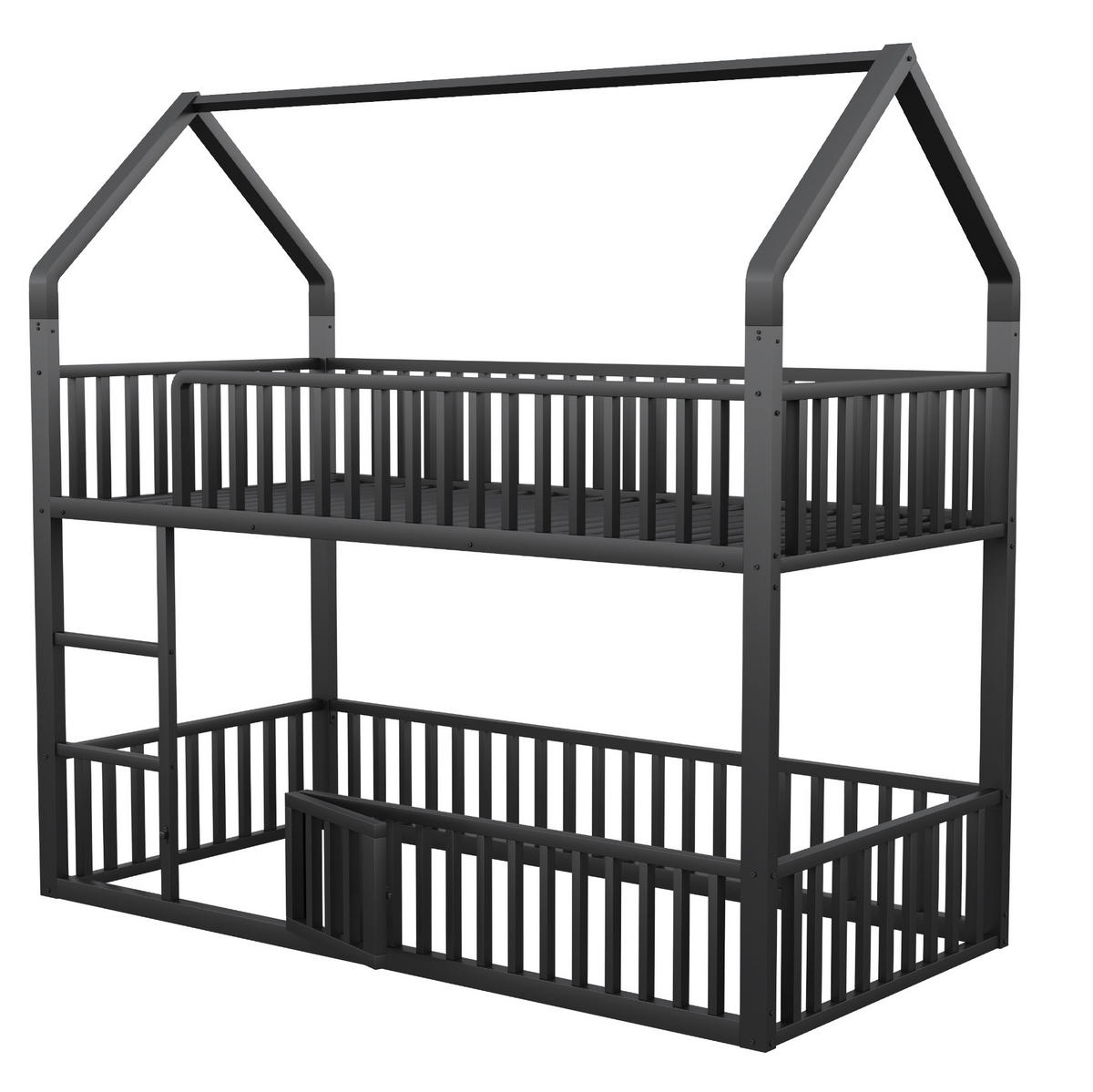 ETAGENBETT 90/200 cm mit Frontleiter, Hausrahmen und Tür, Schwarz - Schwarz, Metall (90/200cm) - Redom