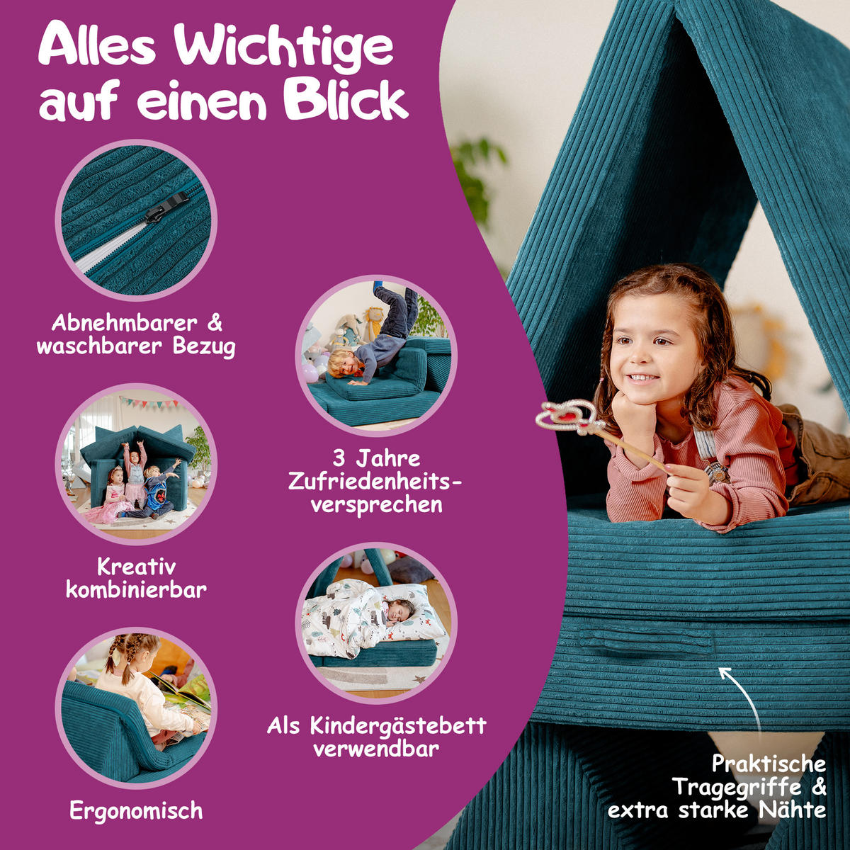 KINDERSOFA Spielparadies - Dunkelgrün, Textil (66/52/150cm) - Linodino