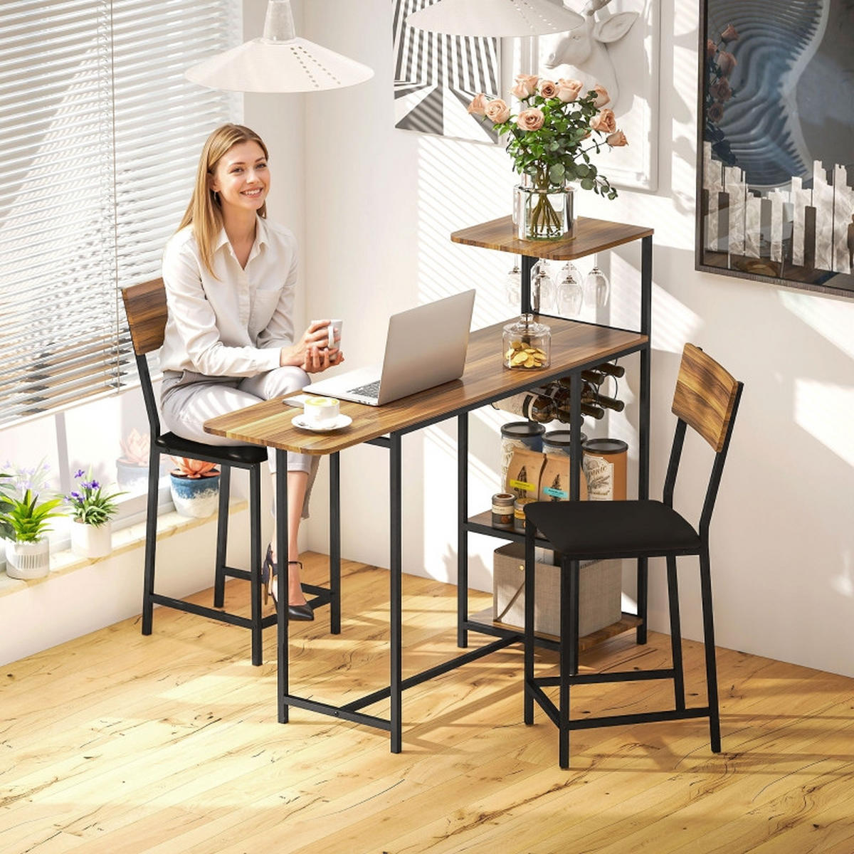 BARTISCH-SET DE-39295 ausziehbarer 140/40 cm Tisch mit 2 Hockern Braun - Braun, Metall (140/116/40cm) - ComfortXL