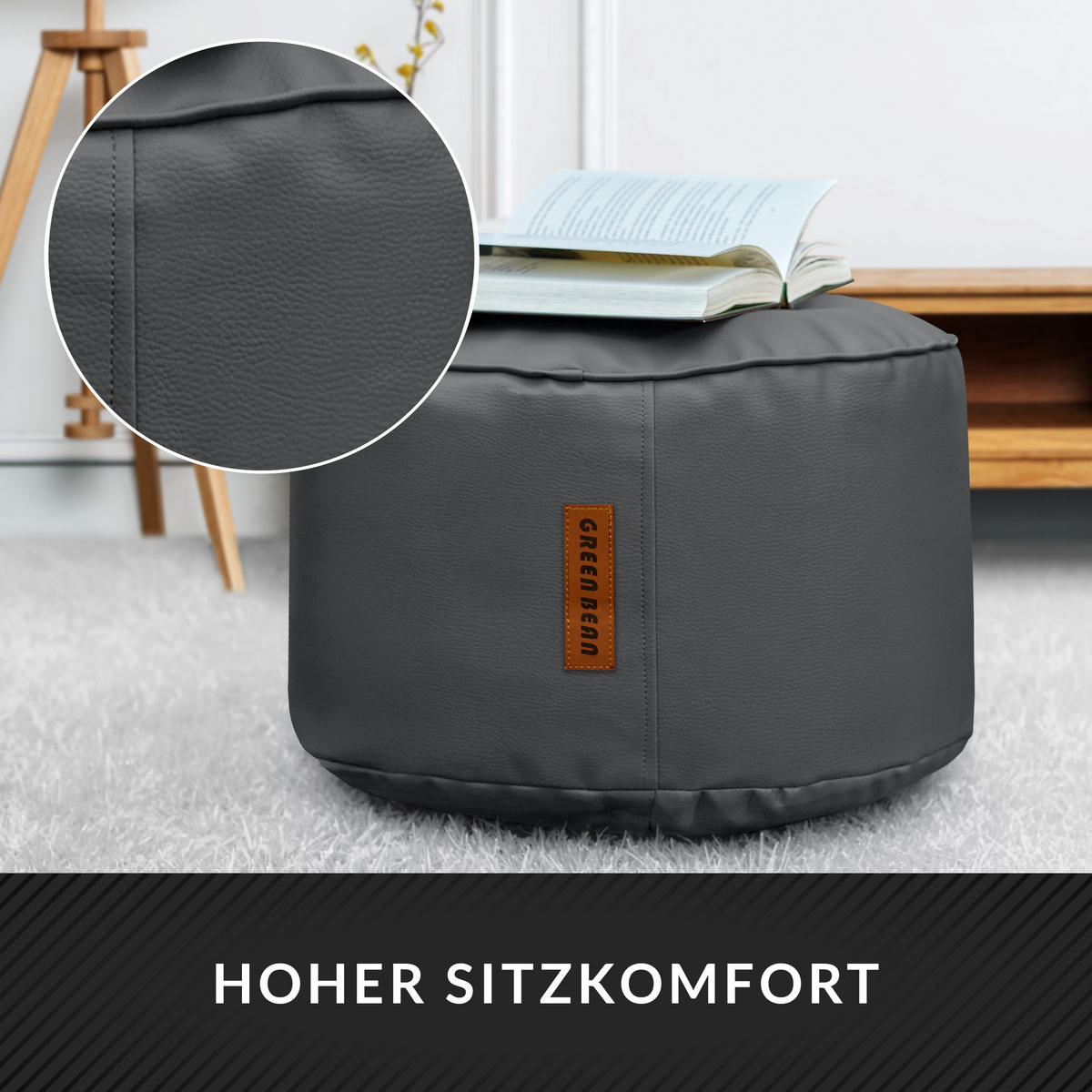 INDOOR HOCKER Stay rund Kunstleder - Grau, Textil (43/30/30cm) - Green Bean