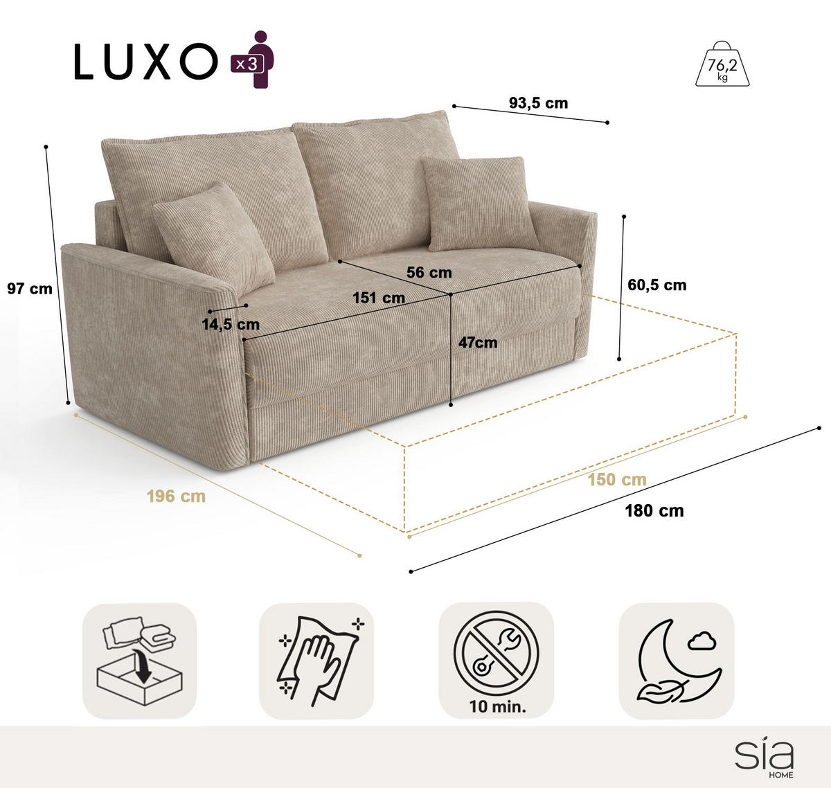 SCHLAFSOFA GERADE Rastergewebe Creme 180cm - Creme, Textil (180/97/93.5cm) - Sia Home
