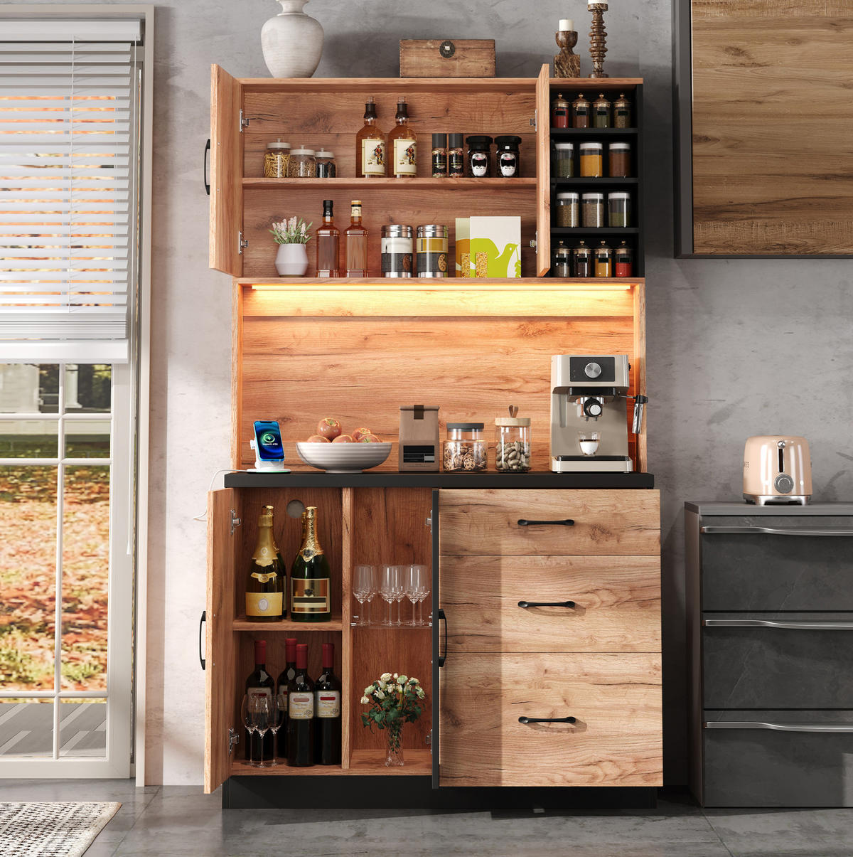 BUFFET aus MDF 105x40x180 cm Neutral mit LED-Beleuchtung, verstellbaren Einlegeböden und Steckdosenleiste - Naturfarben, Holzwerkstoff (105/180/40cm) - Modfu