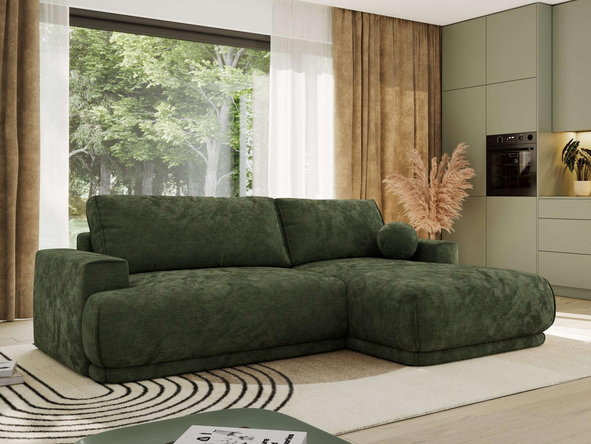 ECKSCHLAFSOFA RINA L Dunkelgrün Schenille glatt - rechts - Dunkelgrün/Schwarz, Kunststoff/Textil (170/267cm) - MKS