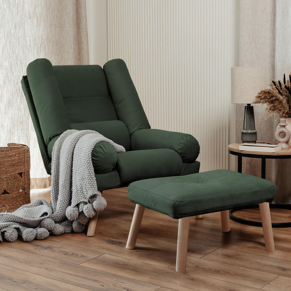 RELAXSESSEL LILA mit hocker, 75/75/100 cm, Grün - Grün, Holz/Textil (75/100/75cm) - Idohome