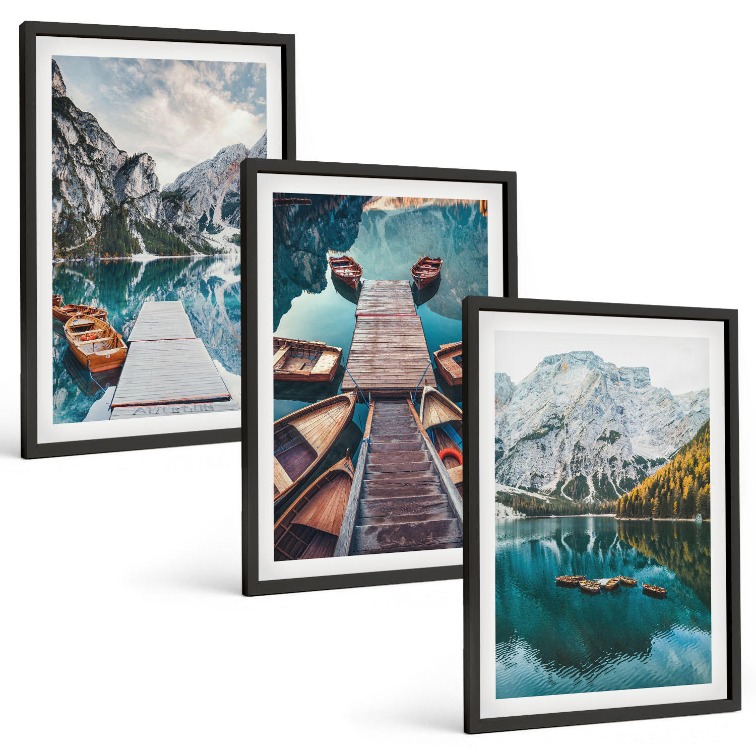 BILDER SET 3er Set - 40x60 cm Schwarzer Rahmen - See, Brücken, Berge - Schwarz, Kunststoff (40/60cm) - TULUP
