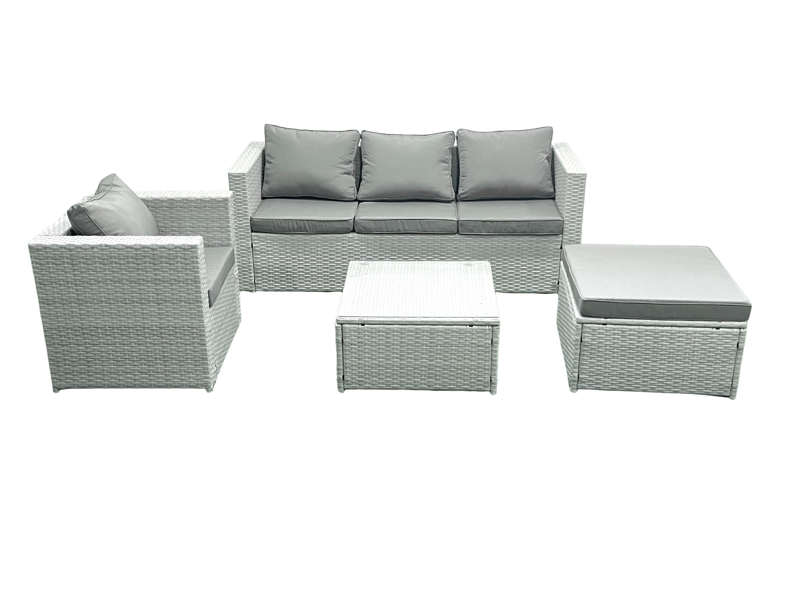 GARTENMÖBEL-SET mit Kissen Polyrattan Hellgrau-Mix 5-Sitzer - Hellgrau/Grau, Glas/Kunststoff - Fimous