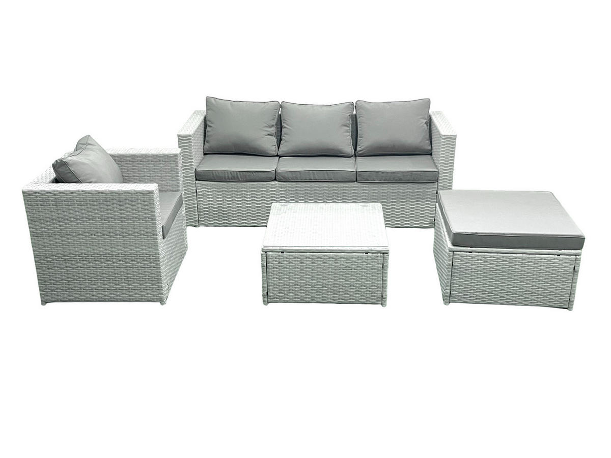 GARTENMÖBEL-SET mit Kissen Polyrattan Hellgrau-Mix 5-Sitzer - Hellgrau/Grau, Glas/Kunststoff - Fimous