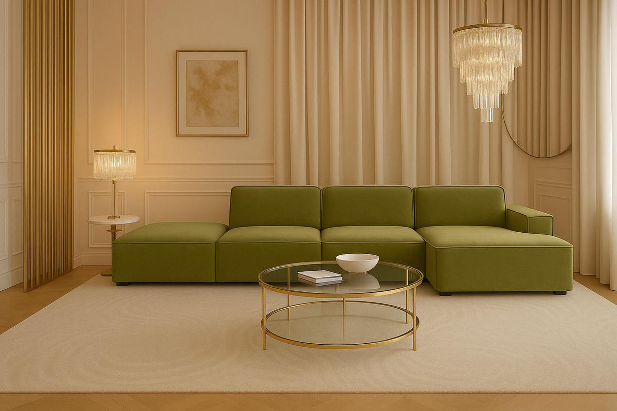 ECKSOFA Cursal L-Form, Stoff Salvador, Olive + Hocker, Rechts - Olivgrün, Holz (341/166cm) - Kaiser Möbel