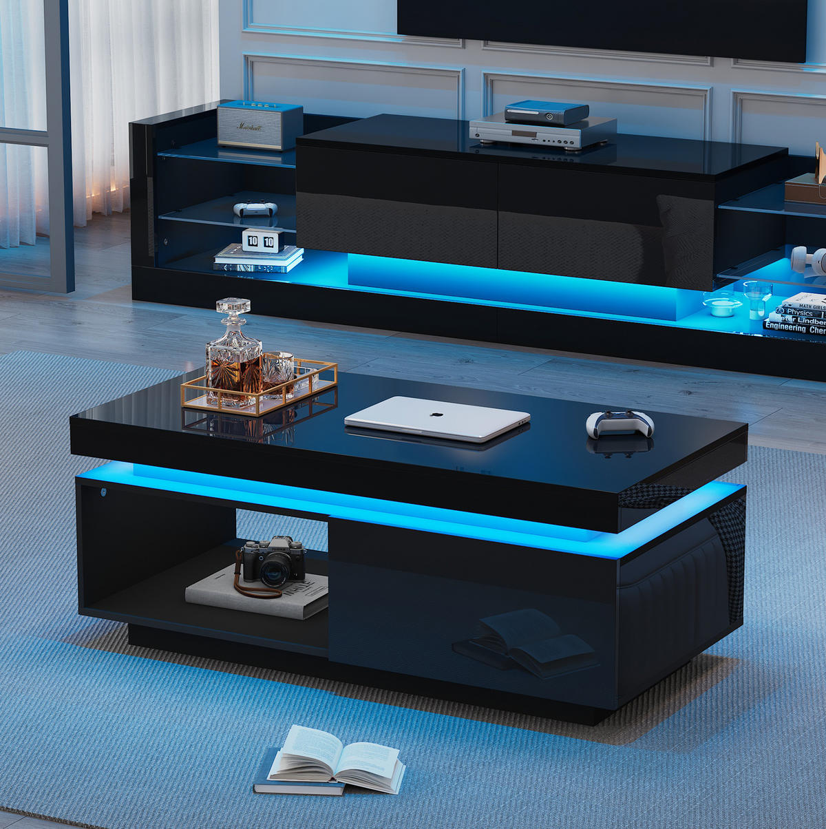 COUCHTISCH 100/50/40,3 cm in Schwarz mit LED-Beleuchtung und Schublade - Schwarz, Holzwerkstoff (100/50/40cm) - Flora Grace