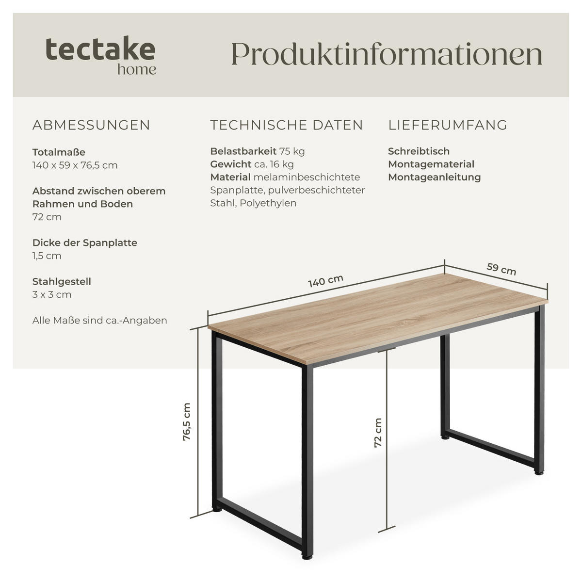 SCHREIBTISCH Flint, Höhe 76, 5 cm, Industrial Holz hell, Eiche Sonoma - Naturfarben, Holzwerkstoff (59/140/76.5cm) - tectake