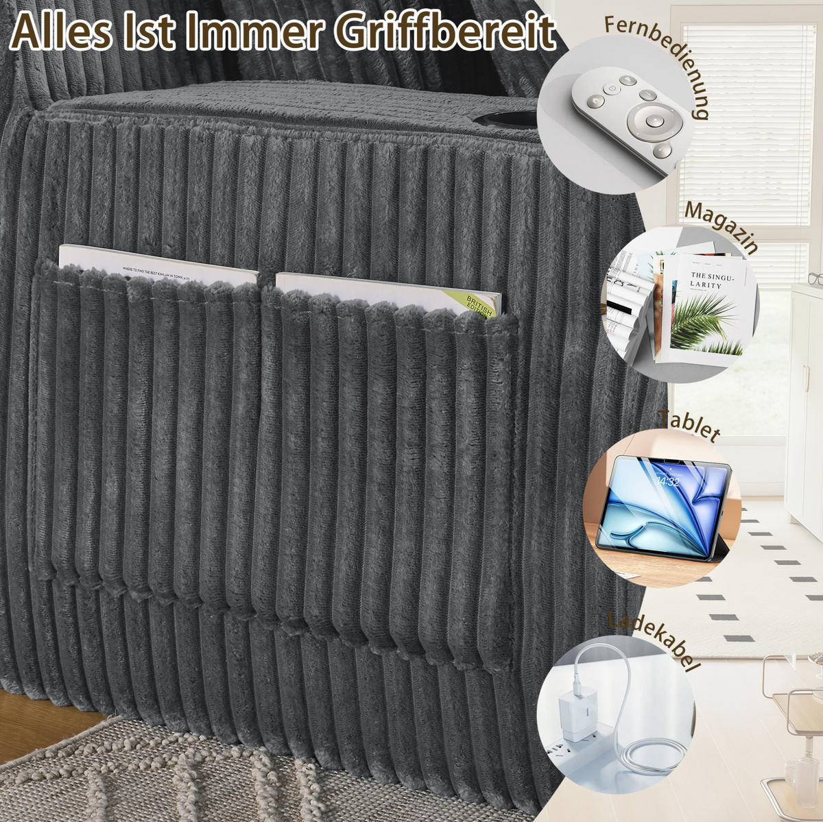 SCHLAFSOFA aus Kordstoff und Schaumstoff Grau mit Getränkehalter, Seitentasche und abnehmbaren Kissen - Grau, Kunststoff (186/78/154cm) - Modfu
