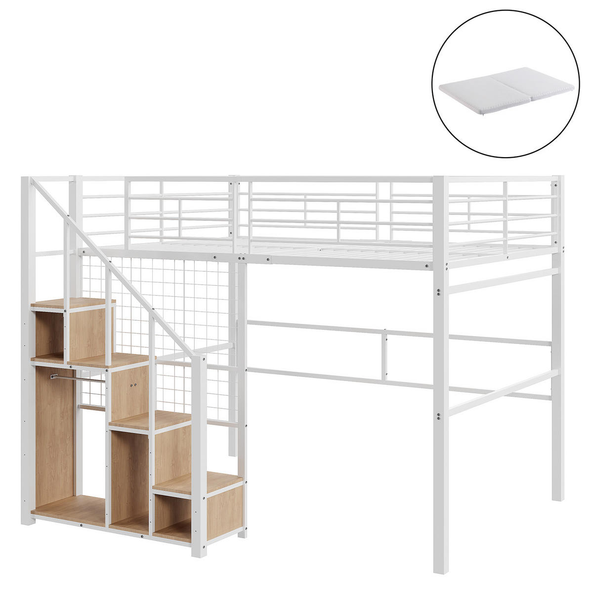 HOCHBETT 140/200 cm weiß mit integrierter Ablage und Sicherheitsleiter mit Matratze - Weiß, Metall (140/200cm) - OKWISH