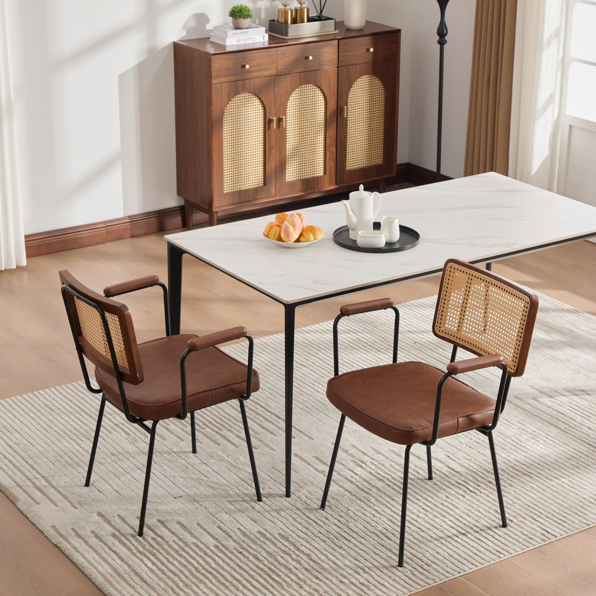 ARMLEHNSTUHL-SET DE-36881 2 Stück mit PU-Leder und Rattan-Optik Braun - Braun, Metall (58/82/62.5cm) - ComfortXL