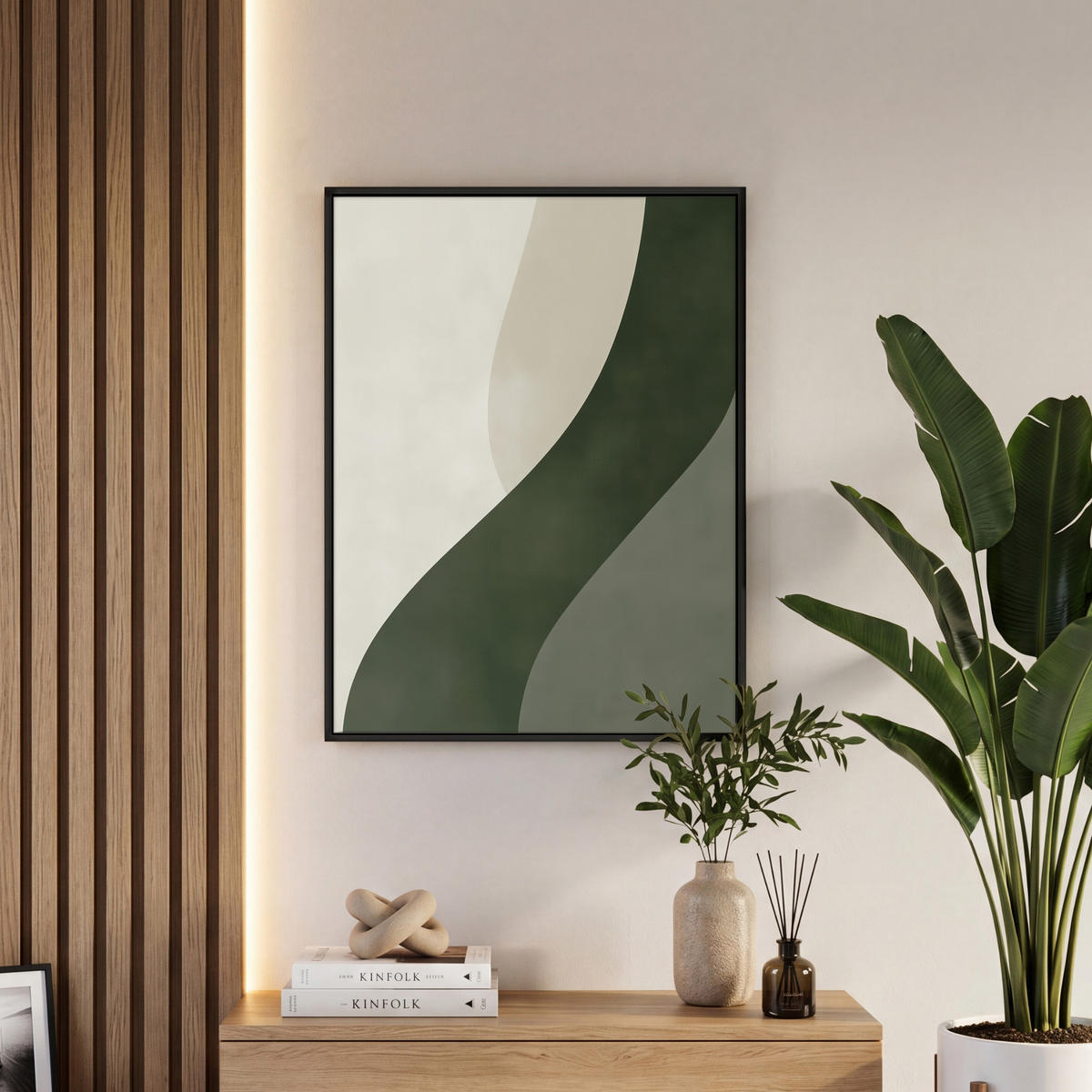 LEINWAND Bilder mit Rahmen - Japandi - Grün - Abstrakt - Modern - 50x70 - Salbeigrün, Textil (50/70cm) - MuchoWow
