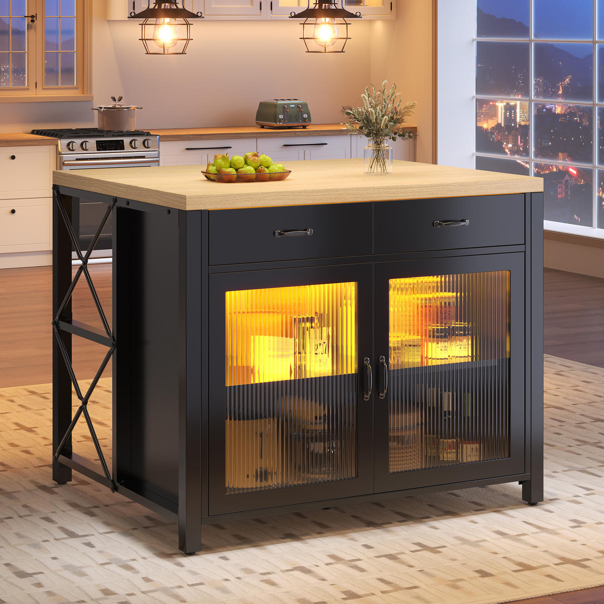 KÜCHENINSEL 100/80/90 cm Schwarz mit 2 Schubladen, LED-Lichtleiste und verstellbare Füße - Schwarz, Holz/Holzwerkstoff (110/91/40cm) - Oxeza
