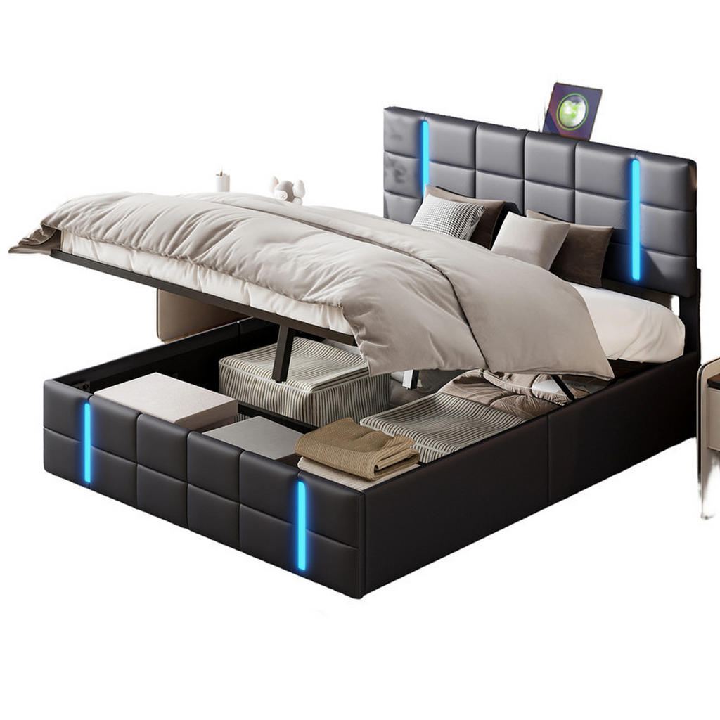 SHOPENTRA ČALOUNĚNÁ postel 160x200 cm Černá PU kůže LED USB box
