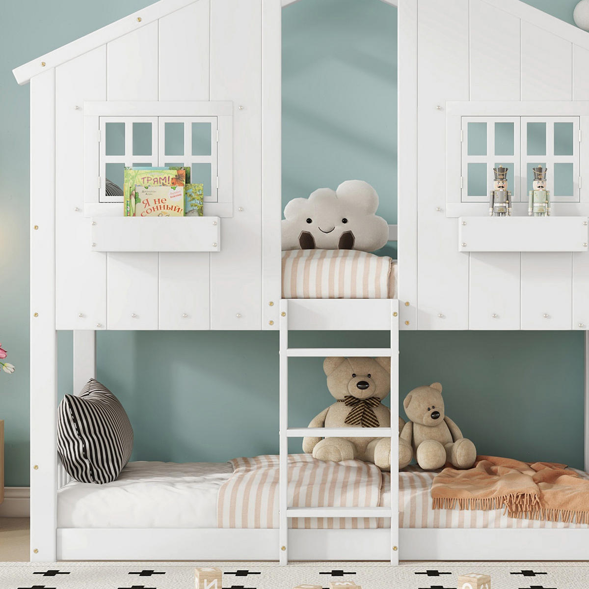 ETAGENBETT 90/200 cm mit Rutsche, Dach, Fenstern und Fallschutz, Kiefer/MDF, Weiß/Natur - Weiß, Holz (90/200cm) - Redom