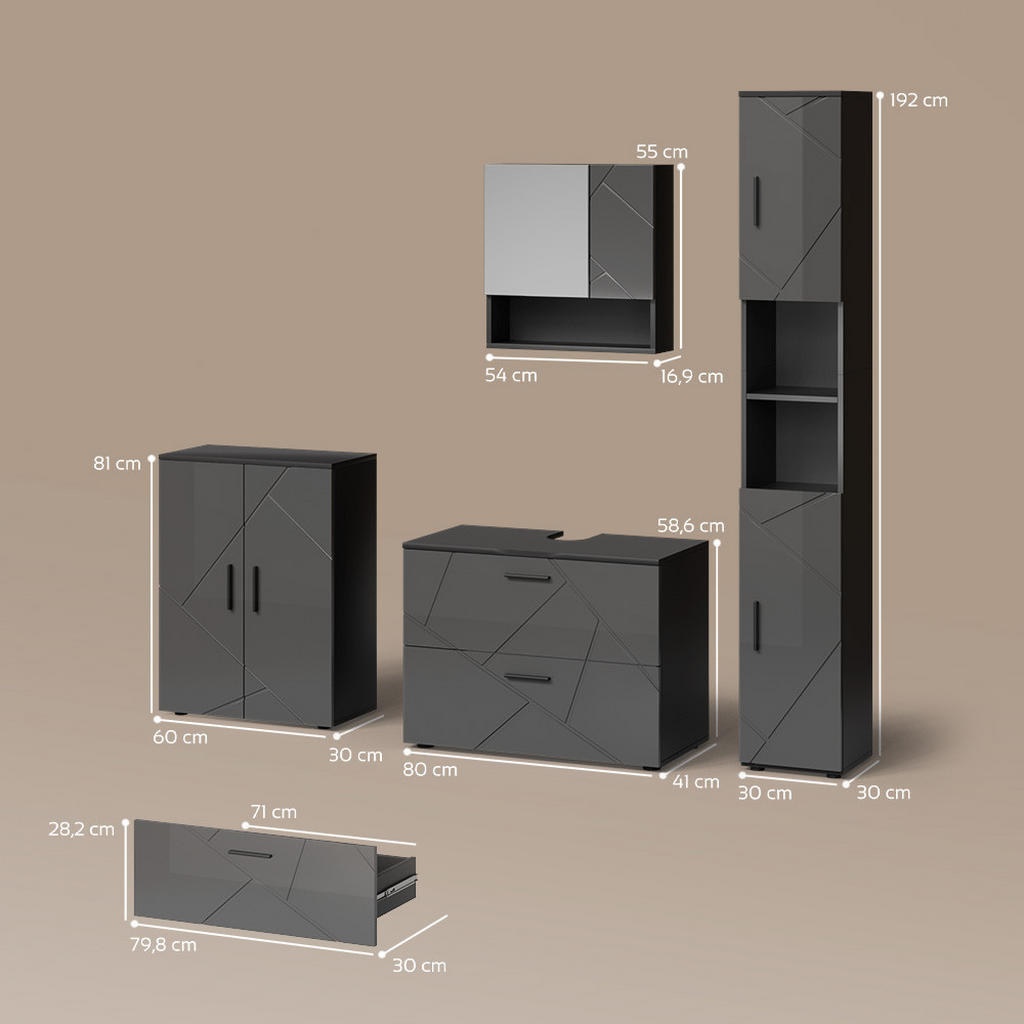 Thumbnail - Livinity® Badmöbel-Set, Anthrazit, Anthrazit, Holzwerkstoff, 14 Fächer, 2 Schubladen, Rechteckig, 80x58x41 cm, Badezimme...