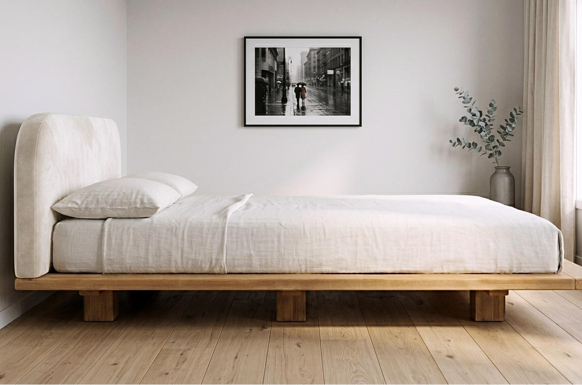 MASSIVHOLZBETT Eyko BORA, 180/200, Buche - lackiert, Samt-Kopfteil Ecru - Ecru/Buchefarben, Holz/Textil (180/200cm)