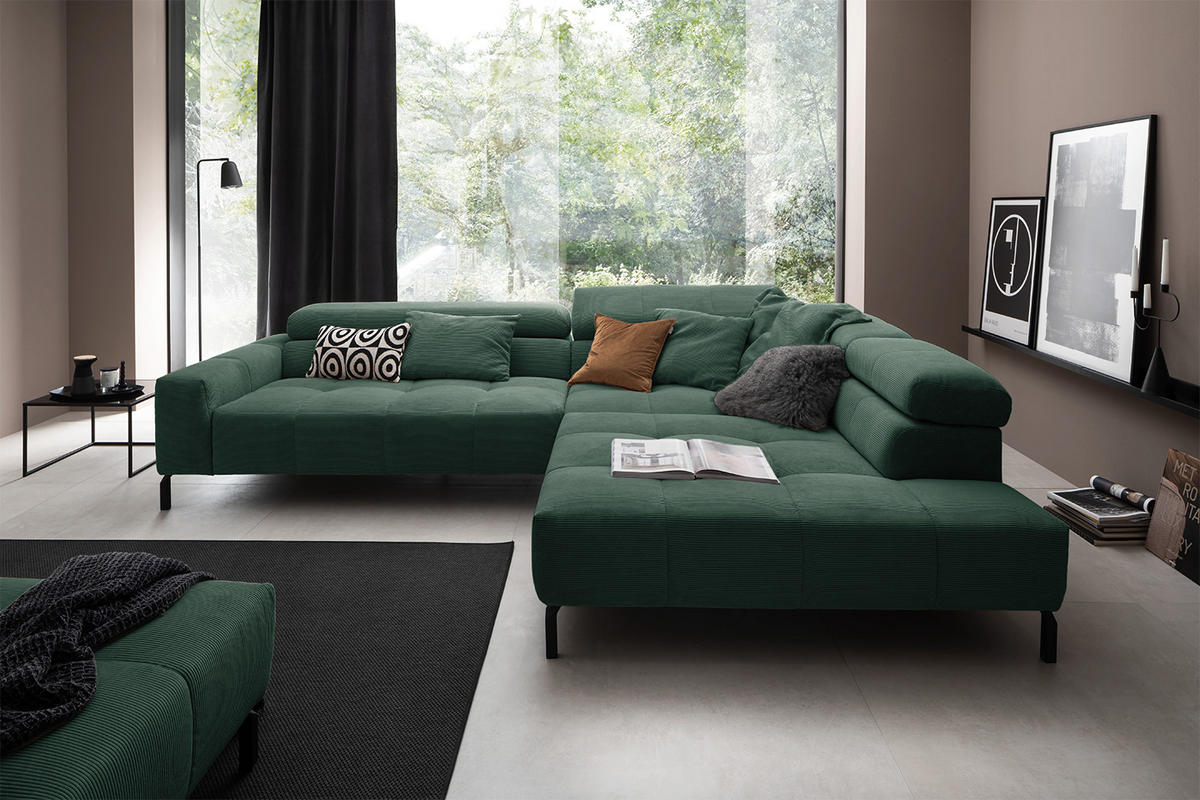 ECKSOFA MIT MOTORISCHEM SITZVORZUG OHIO Smaragdgrün Cord - Smaragdgrün/Schwarz, Textil/Metall (311/219cm) - KAWOLA