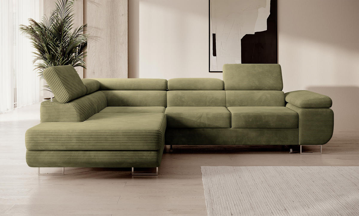 ECKSOFA Stevil Olivgrün Cordbezug - Silberfarben/Olivgrün, Textil/Metall (275/203cm) - Selsey