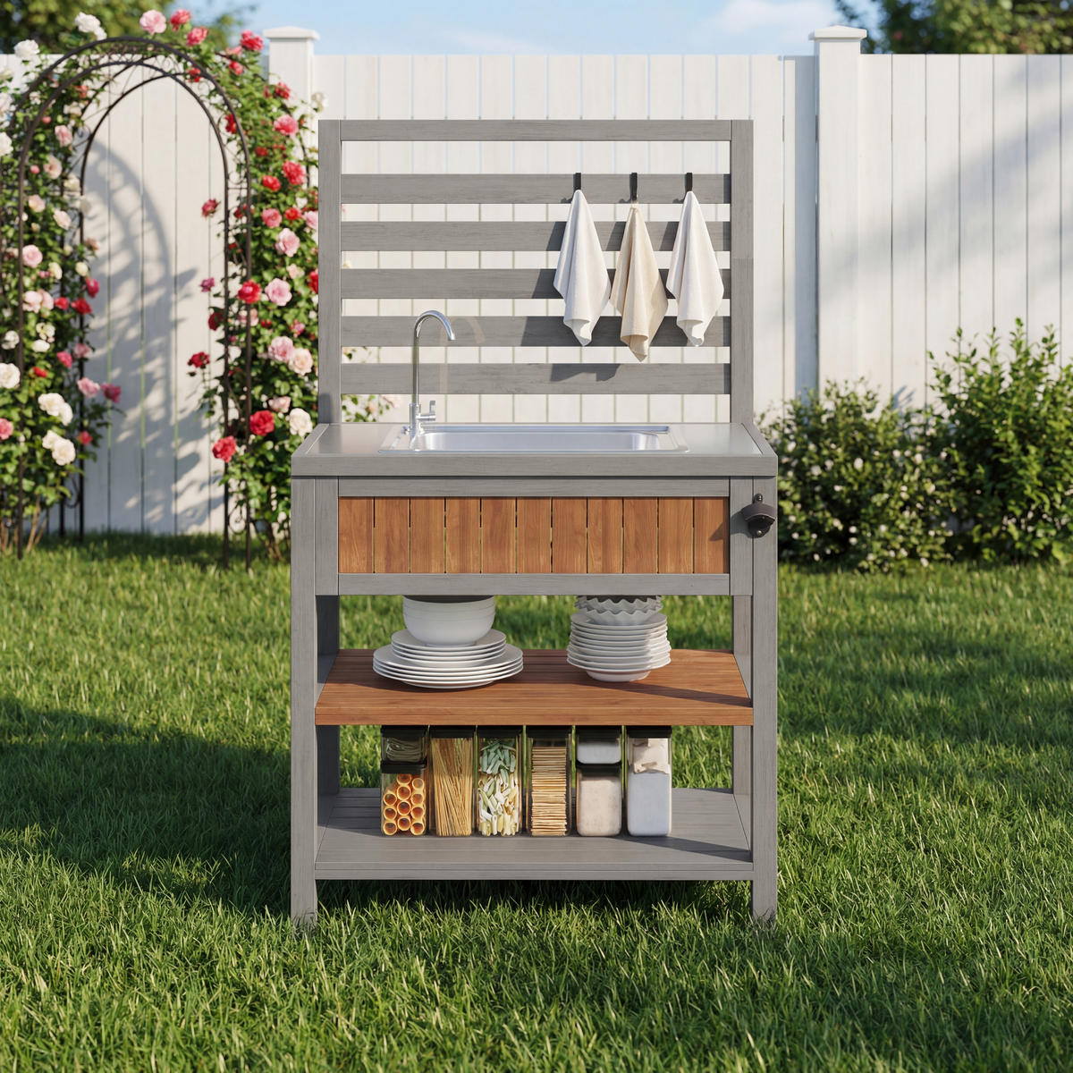 GARTENSCHRANK Outdoor Wasserhahn Flaschenöffner Arbeitsfläche - Naturfarben, Holz (51/141/80cm) - FLIEKS